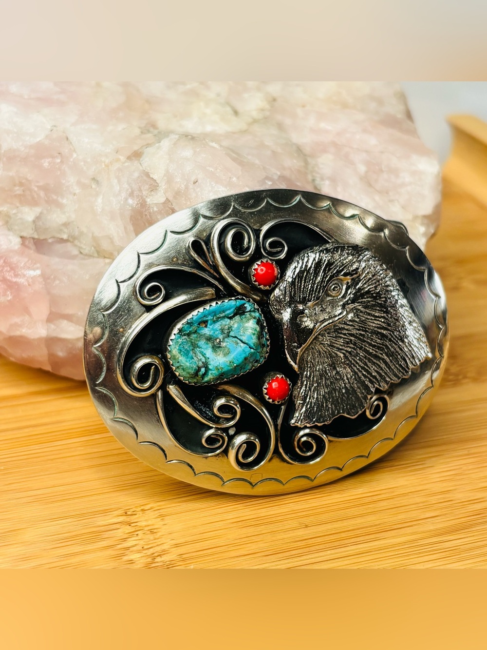 Vintage Navajo Eagle Belt Buckle Turquoise Coral Southwestern Jewelry
